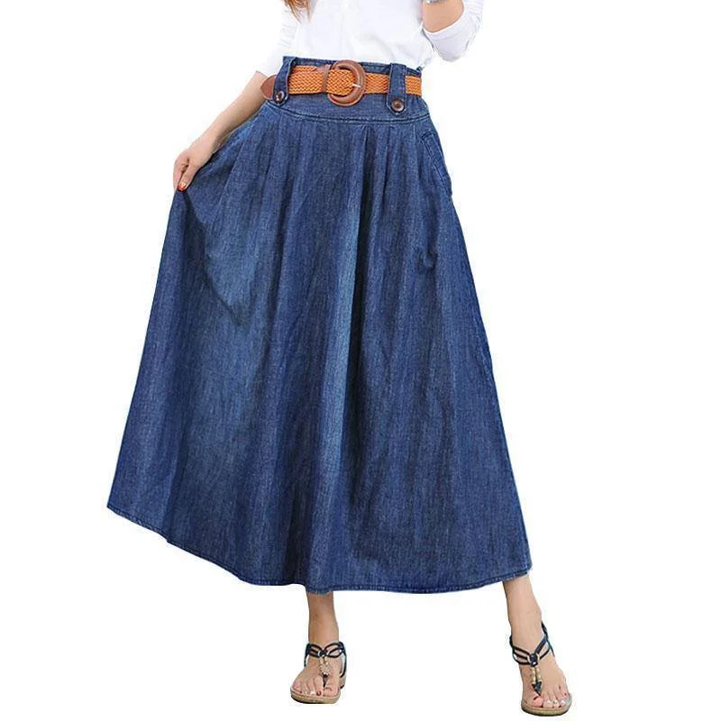 High waist denim long blue skirts with belt women jeans skirt, casual vintage bottom (US 2-10) - sale velvet skirt plush