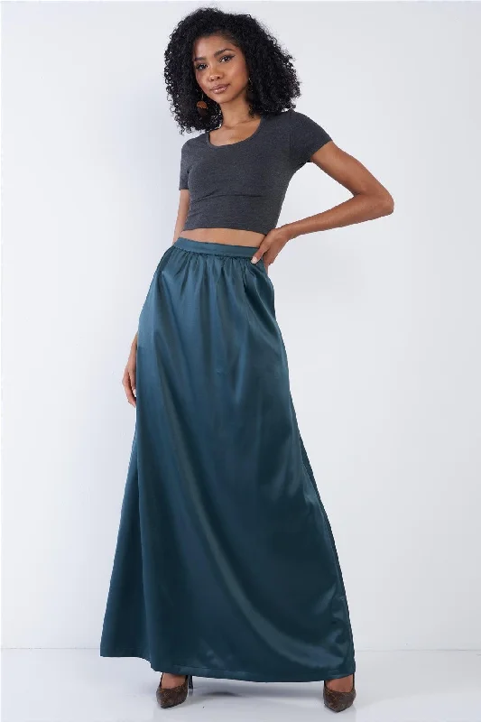 Emerald Green Satin High Waist Flowing Maxi Skirt silk skirt lustrous