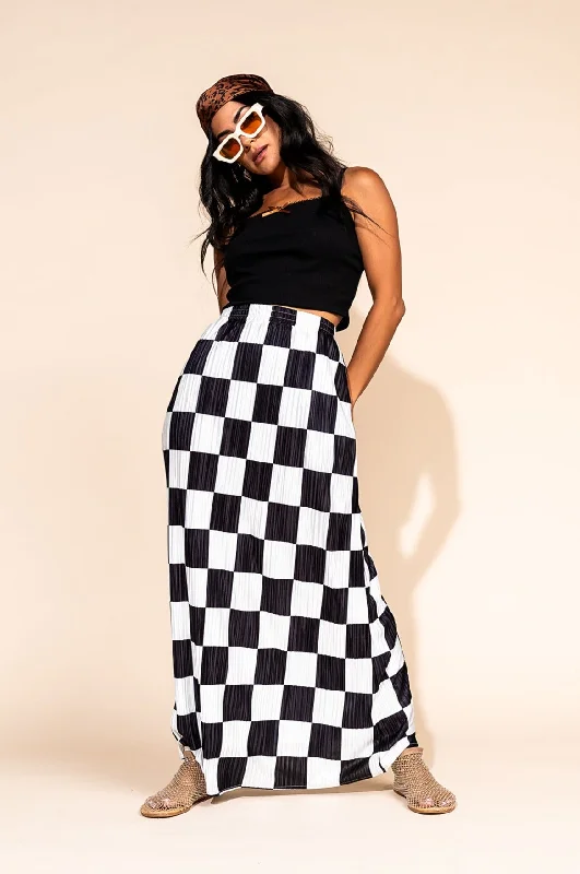 Santorini Midi Plisse Skirt in Black + White Check denim skirt classic