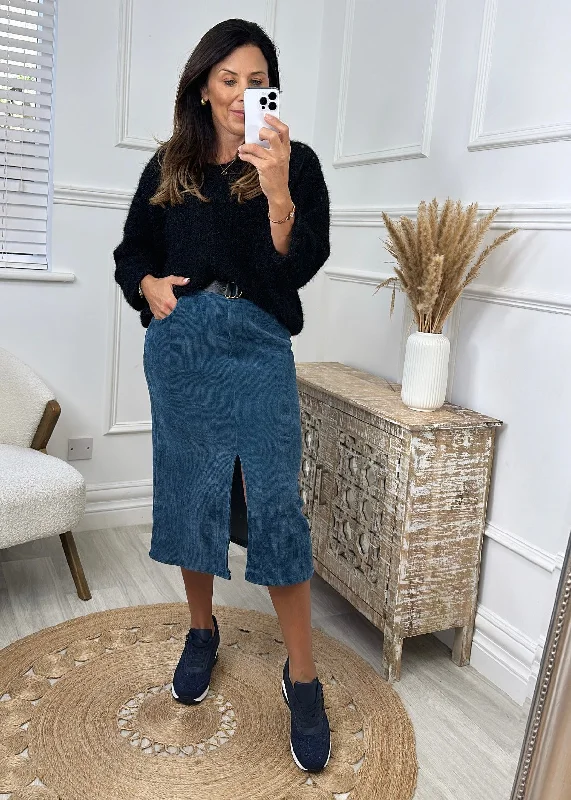 Marla Blue Velvet Front Slit Midi Skirt boho skirt vibe