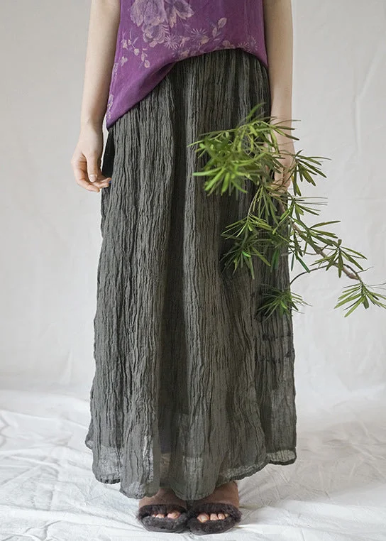 Modern Black Grey elastic waist wrinkled Asymmetrical Linen Skirt Spring lace skirt intricate