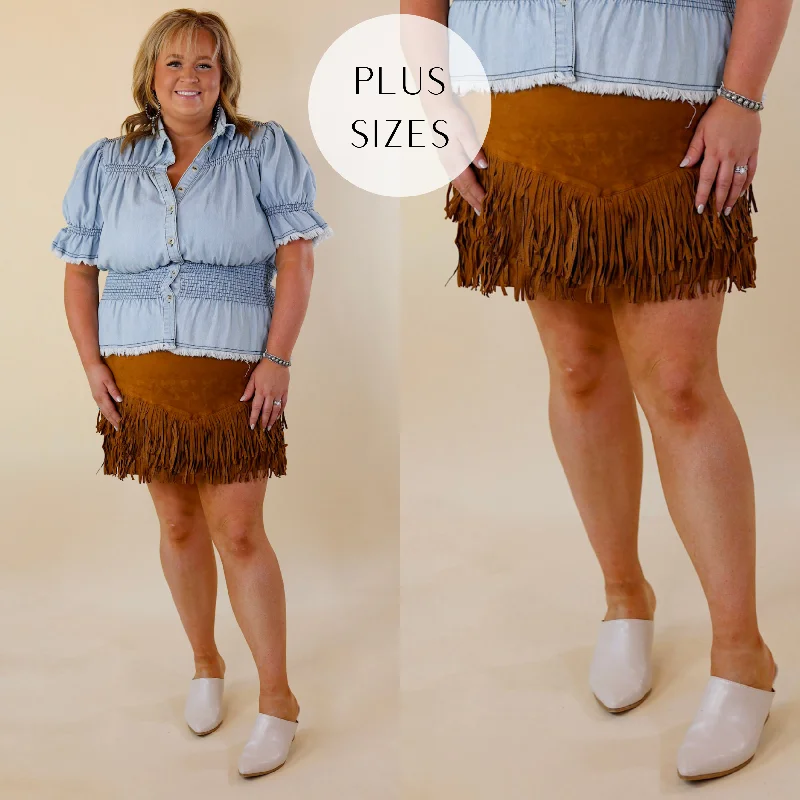 Plus Sizes | Pep Into Your Step Suede Fringe Skirt in Camel Brown casual skirt length