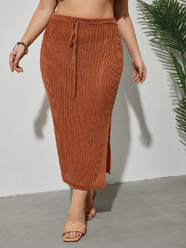 Plus Red Brown Tie Front Split Cover Up Skirt flowy skirt hem