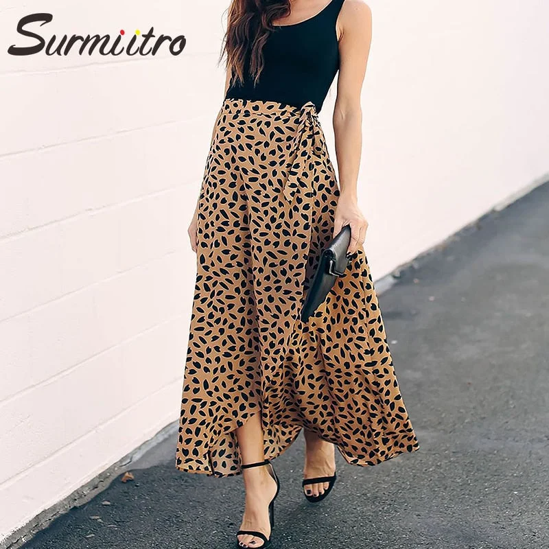 Polka Dot Print Long Maxi Summer Skirt Women Fashion White Black Split High Waist patchwork skirt art