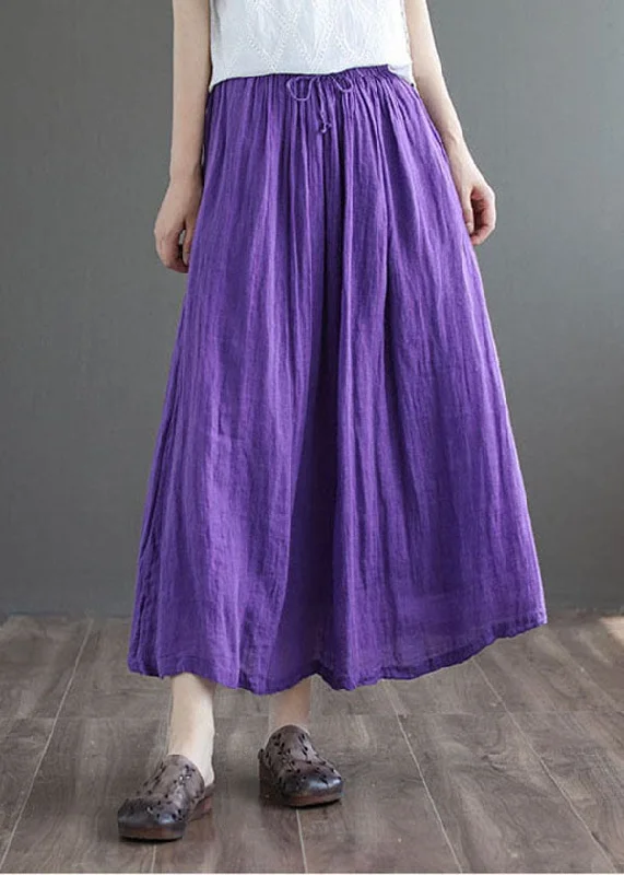 Purple Solid Double-deck Linen A Line Skirt Tie Waist Summer velvet skirt luxury