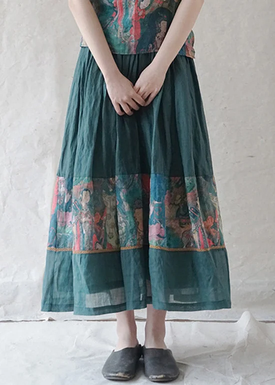 Retro Green elastic waist drawstring print Patchwork Linen Skirt Spring lace skirt delicate