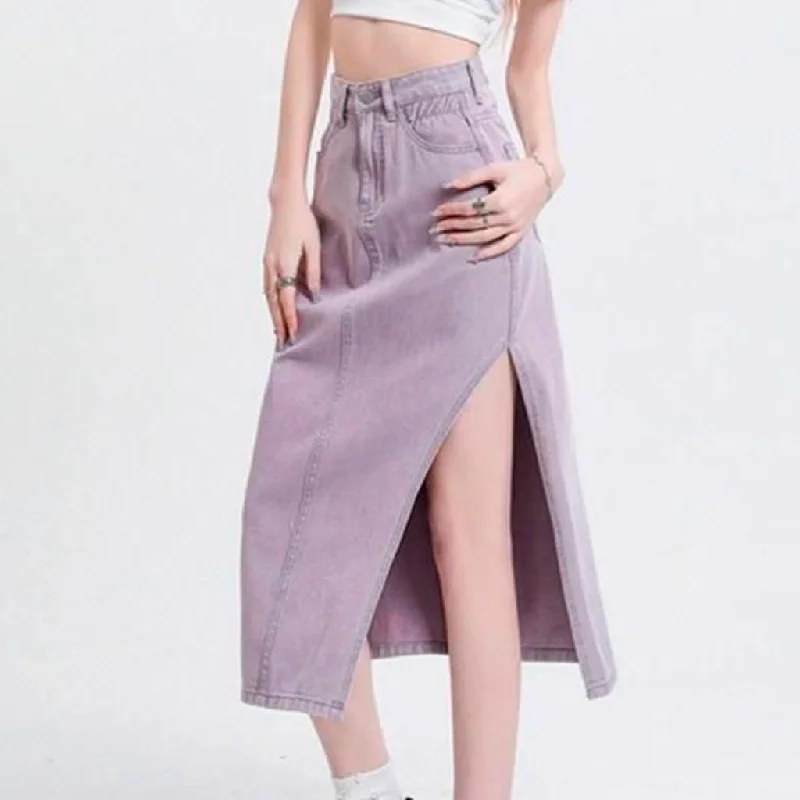 Stylish Vintage High-Waist Denim A-Line Skirt patchwork skirt art