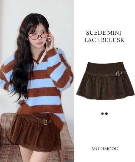 Suede Lace Belt Skirt low waist skirt