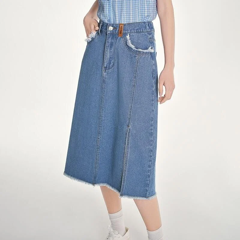 Summer Chic Denim A-Line Skirt with Plush Edges and Split Hem cotton skirt soft