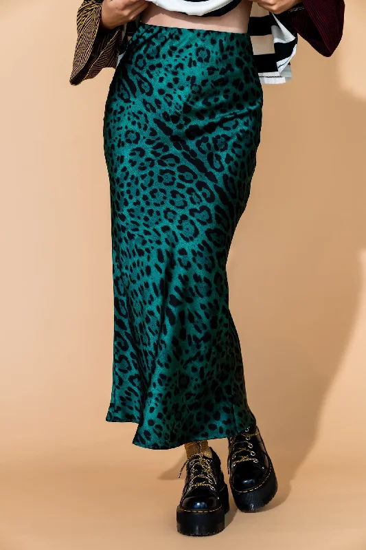 Supernova Bias Satin Skirt in Emerald Leopard satin skirt smooth