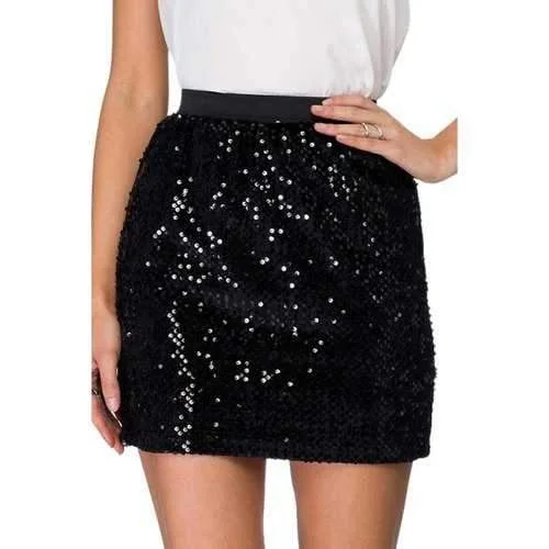 Stylish High Waisted Sequins Bodycon Women's Skirt - Black S linen skirt light