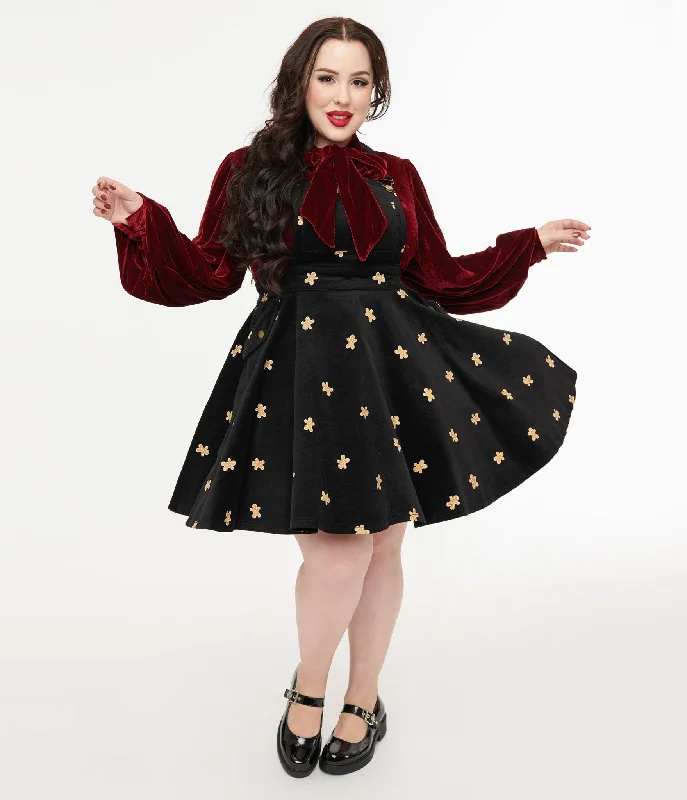 Unique Vintage Plus Size 1950s Black & Gingerbread Brionne Pinafore Skirt pleated skirt texture