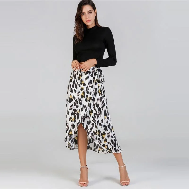 Waist Knot Leopard Print Midi Skirt wool skirt sturdy