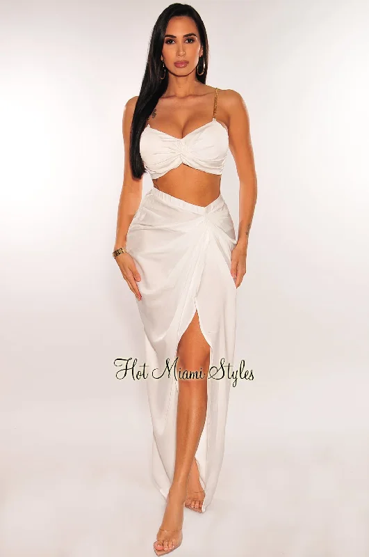 White Gold Chain Padded Knotted Slit Skirt Two Piece Set linen skirt natural