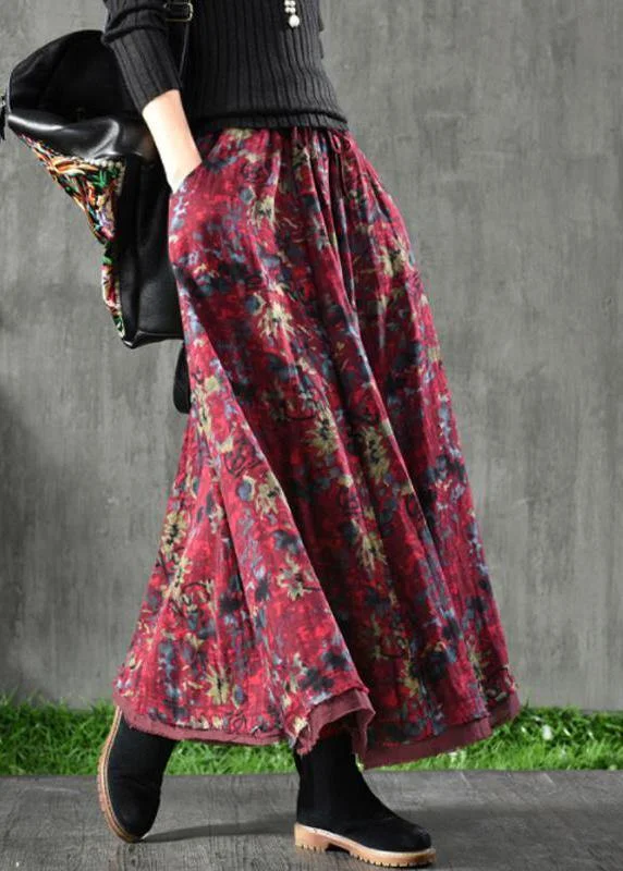 Women Cotton blend Red Floral Skirt Maxi Length silk skirt elegant