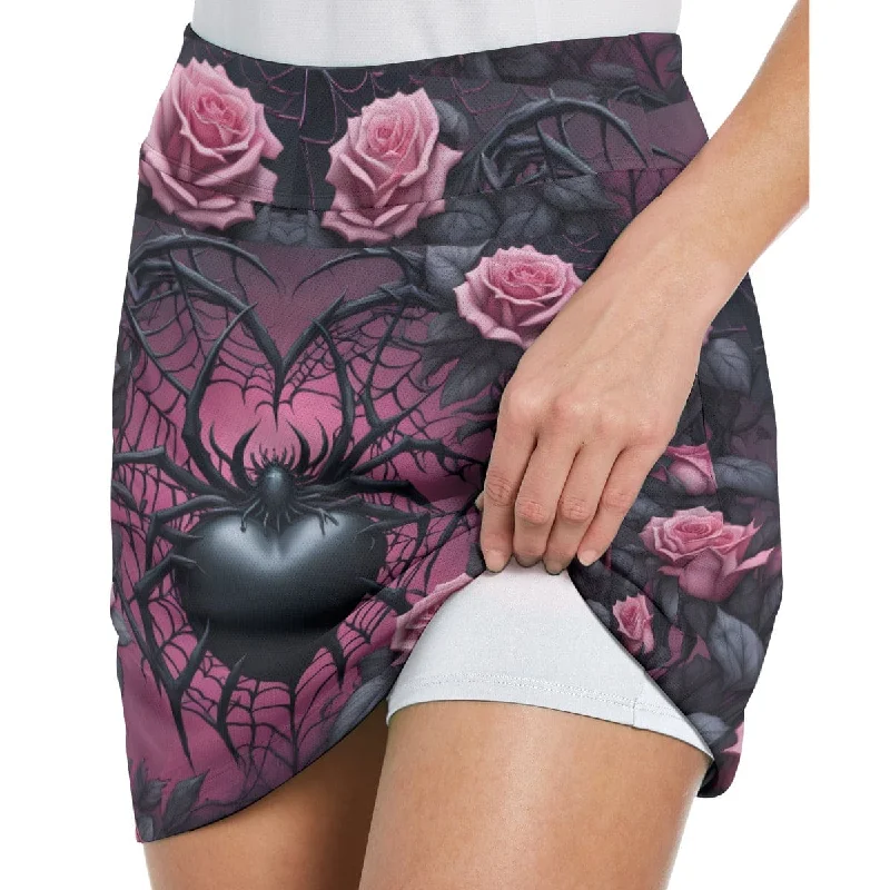 Women's Gothic Pink Roses With Black Spider Middle-Waisted Skorts cashmere skirt soft