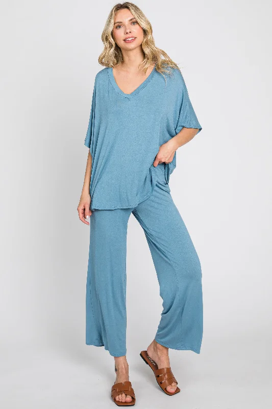 Blue Cropped Pant Set Soft Stretch Pants