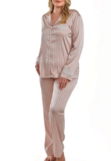 Brittney Plus Size Satin Striped Button Down Pajama Pant Set Fashionable Sporty Pants