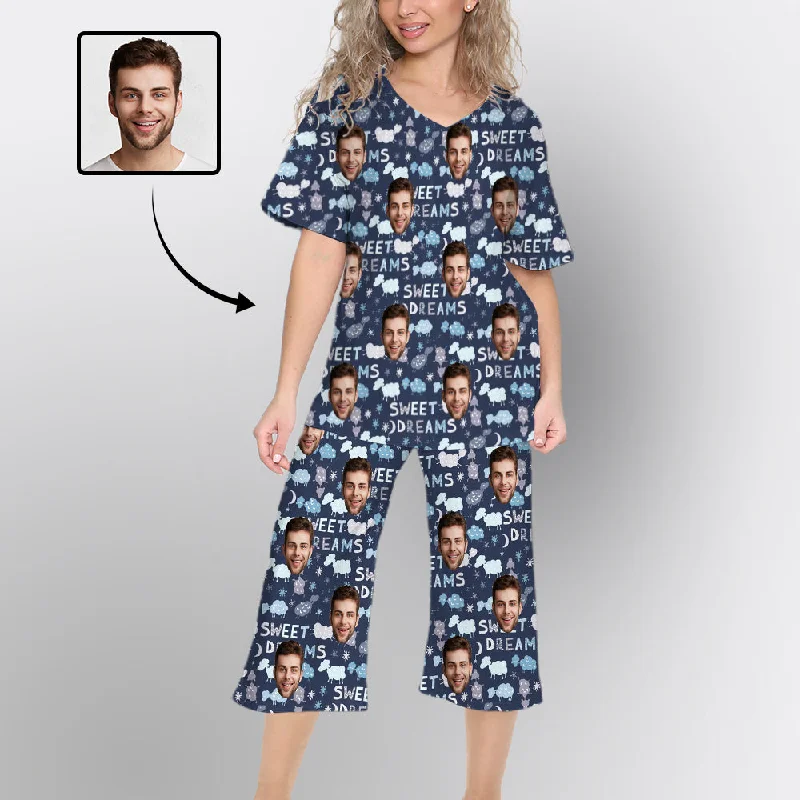 Custom Face Pajamas Set Loungewear Personalized V Neck Women's Cropped Pants Loungewear Set Comfy Athletic Pants