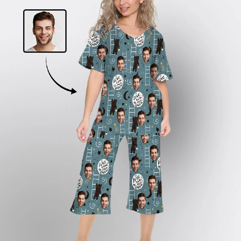 Custom Husband Face Pajamas Set Loungewear Personalized V Neck Women's Cropped Pants Loungewear Set Elegant Dress Pants