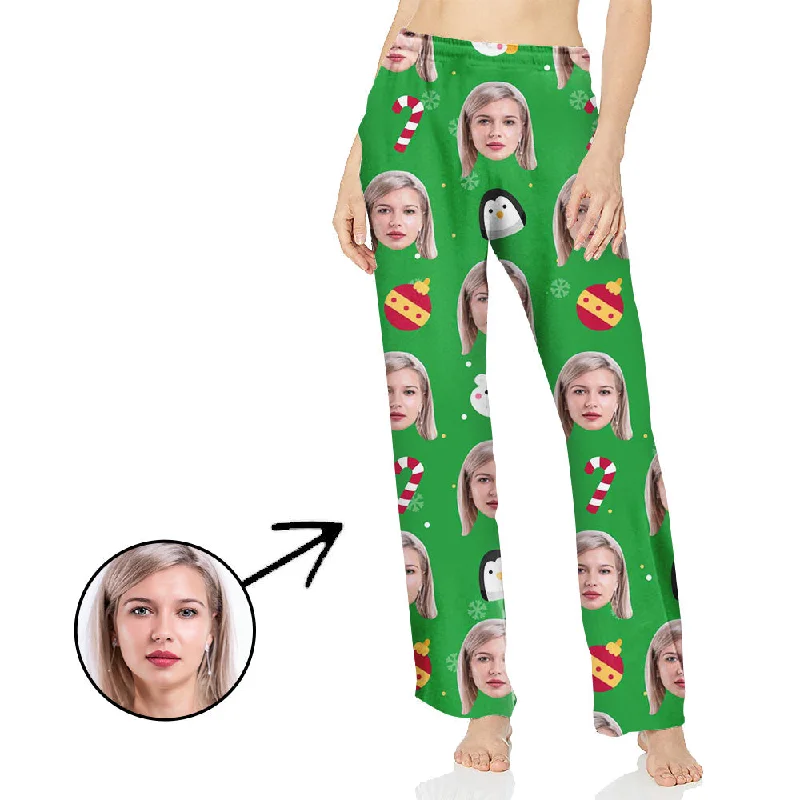 Custom Photo Pajamas Pants For Women Candy Cane And Christmas Green Elegant Trouser Pants