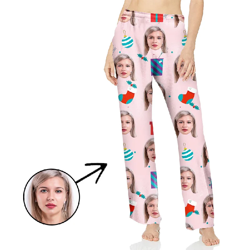 Custom Photo Pajamas Pants For Women Celebrate Christmas With Lights Pink Relaxed Linen Pants