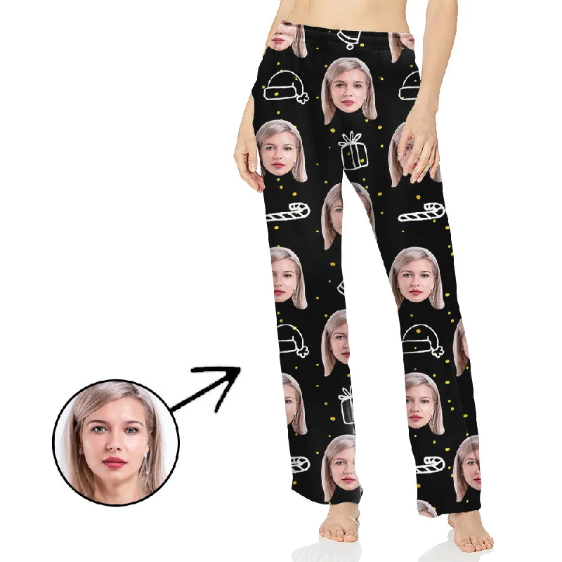 Custom Photo Pajamas Pants For Women Christmas Hat And Candy Cane Chic Capri Pants