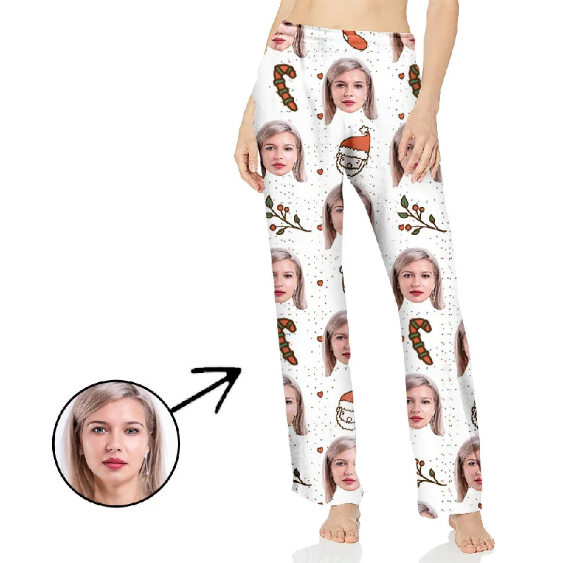 Custom Photo Pajamas Pants For Women Cute Santa And Candy Cane Fashionable Track Pants