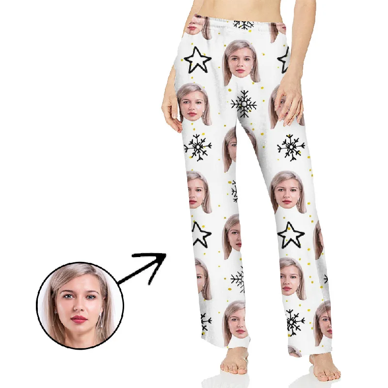 Custom Photo Pajamas Pants For Women White Stars And Snowflake Casual Sweatpants Style