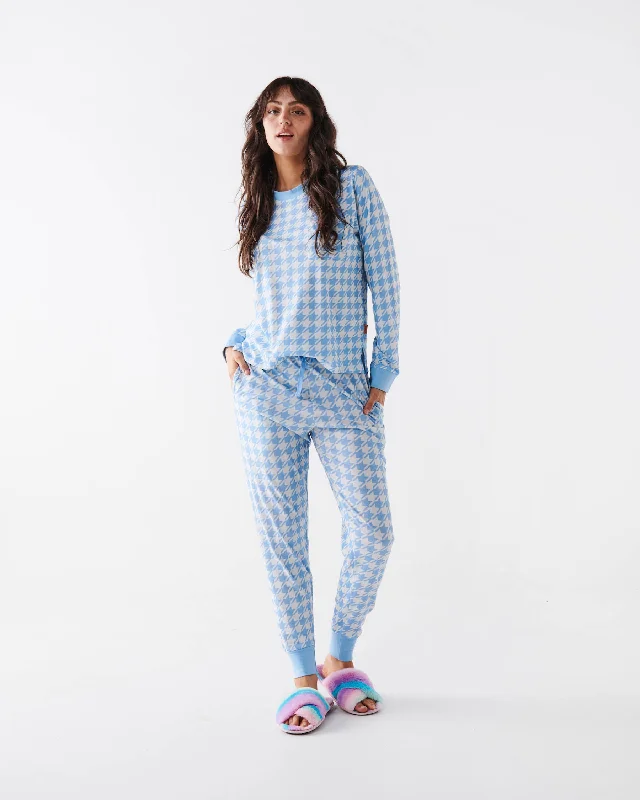 Houndstooth Blue Organic Cotton Long Sleeve Pyjama Top & Slouch Pant Pyjama Set Classic Straight-Leg Pants