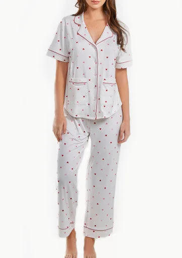 Lilly PJ Heart Print Pant Set Trimmed with Front Pockets on a Button Down Closure Modern Stretch Trousers