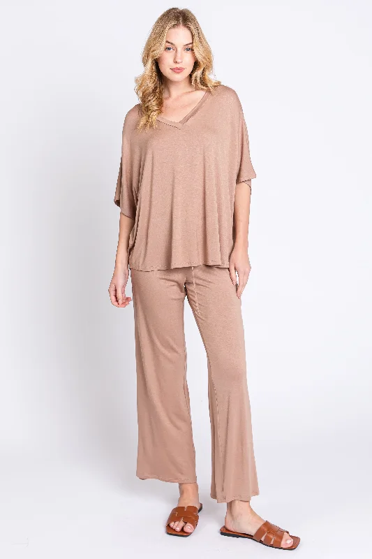 Mocha Cropped Pant Set Comfortable Jogger Trousers