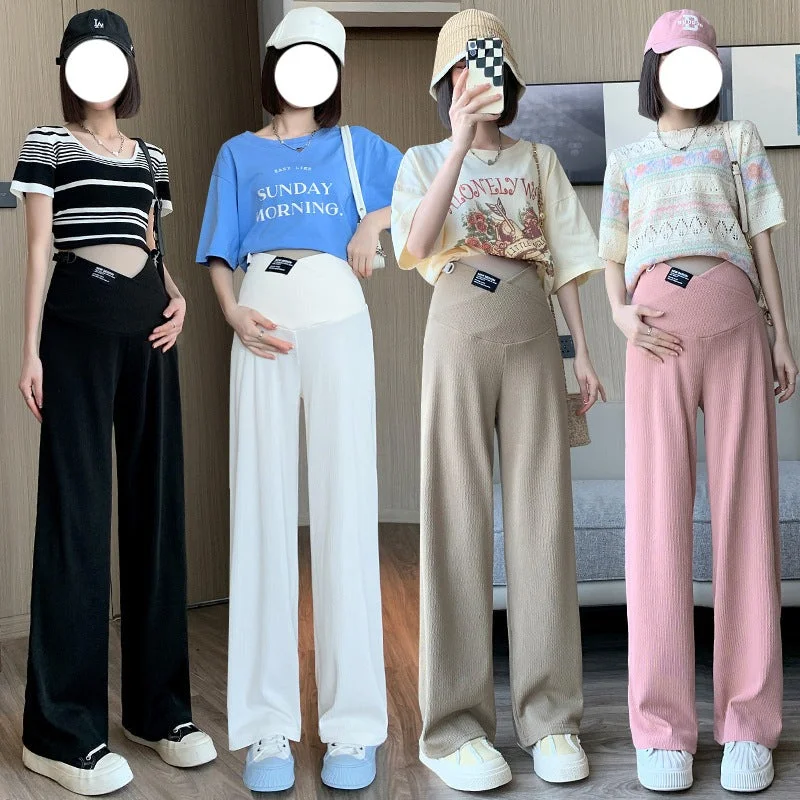 NiDELL Maternity Clothes . Summer New Ice Silk Low Waist Wide Leg Pants Drooping Slimming Fashion Cross Waist Pants Air Conditioning Pants Comfortable Denim Pants