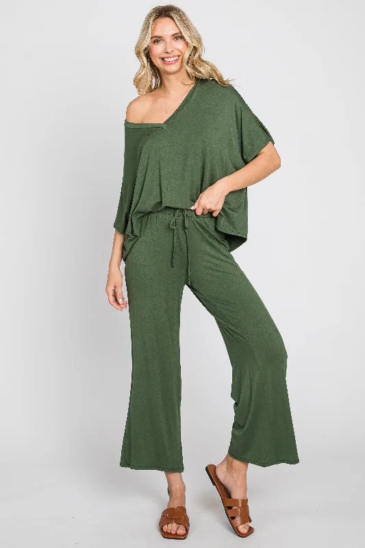 Olive Cropped Pant Set Casual Skinny Fit Pants