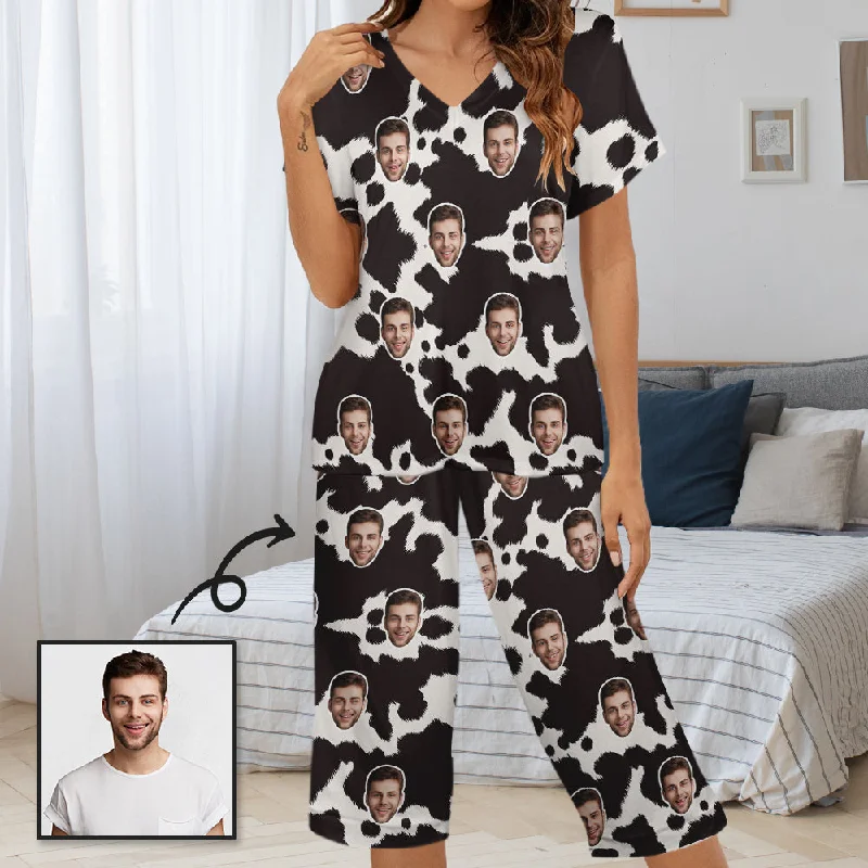 Personalized Face Women's Pajama Set Custom Cow Pattern Women's V-Neck Short Sleeve&Capri Pants Pajama Sets Classic Straight Pants