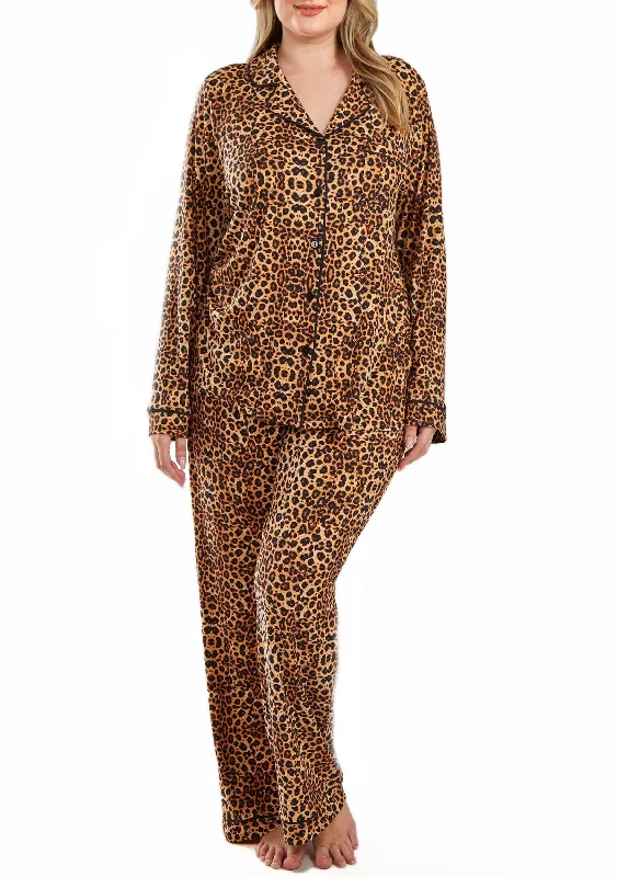 Reise Plus Size Ultra Soft Leopard PJ Pant Set with Button Down Collar Soft Stretch Leggings