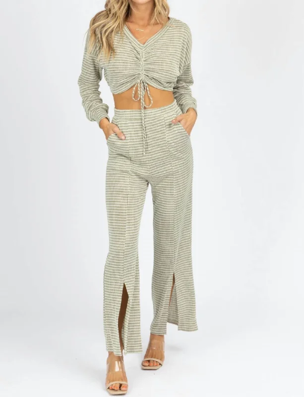 Tie Crop + Front Slit Pant Set In Olive Relaxed High-Waist Trousers