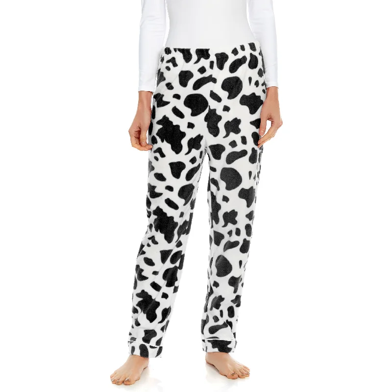 Womens Fleece Pajama Pants Cow Black Comfortable Jogger Trousers